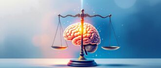 Cover image for a psychological court report featuring a scale and brain illustration.